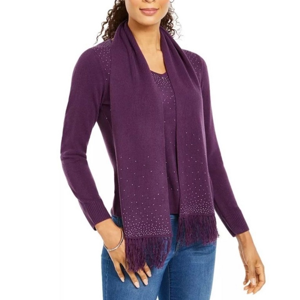 Karen ScottSweater Tank Top Scarf Set Purple Rhinestone Embellished Knit‎ Outfit